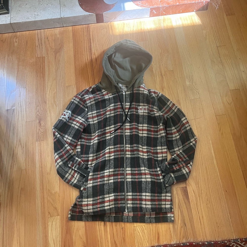 Green and Red Lightweight Shirt Jacket with Hood